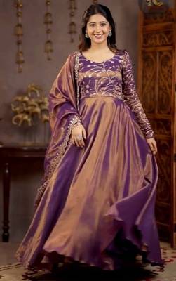lavender cosmos silk party wear embroidered anarkali suit set 4