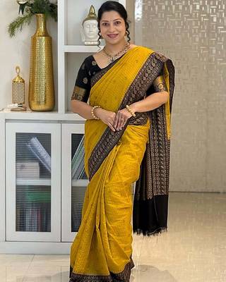Yellow Black color art silk blend sarees with blouse 1