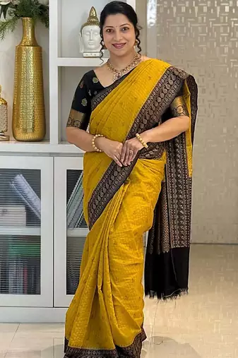 Yellow Black color art silk blend sarees with blouse