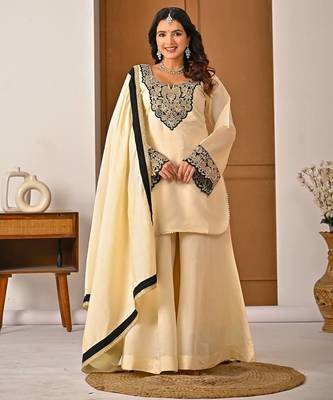 light yellow roman silk party wear embroidered sharara suit set 1