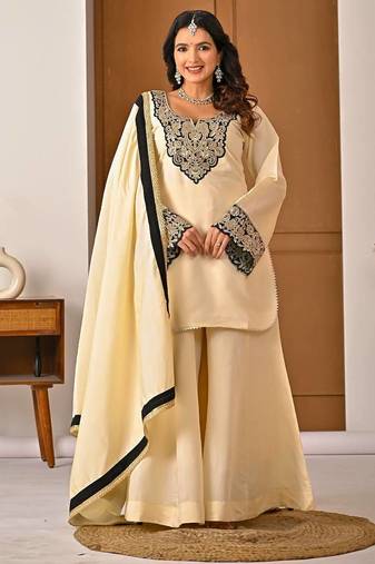 light yellow roman silk party wear embroidered sharara suit set