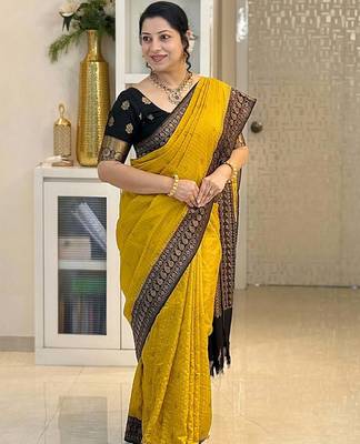 Yellow Black color art silk blend sarees with blouse 2