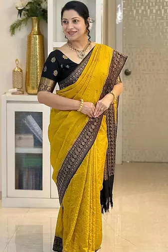 Yellow Black color art silk blend sarees with blouse