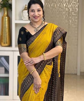 Yellow Black color art silk blend sarees with blouse 3