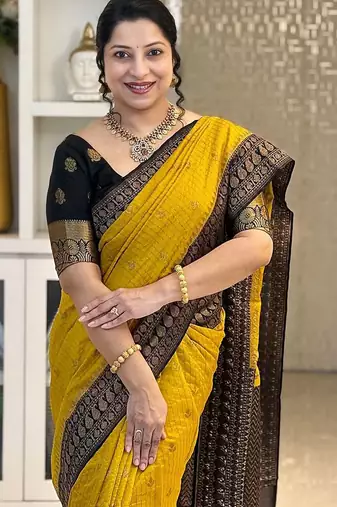 Yellow Black color art silk blend sarees with blouse