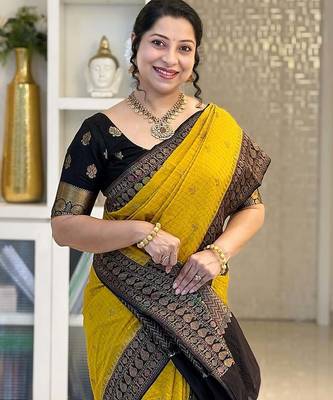 Yellow Black color art silk blend sarees with blouse 4