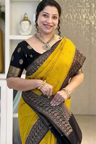 Yellow Black color art silk blend sarees with blouse