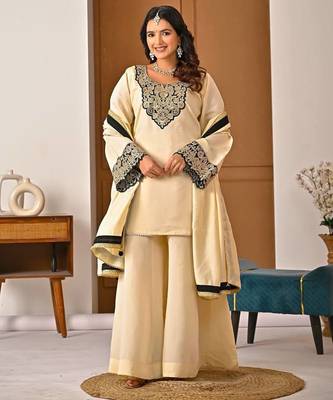 light yellow roman silk party wear embroidered sharara suit set 2