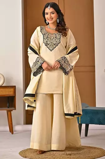 Lite yellow roman silk party wear embroidery sharara suit set