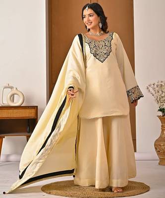 light yellow roman silk party wear embroidered sharara suit set 3