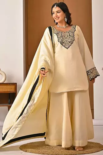 Lite yellow roman silk party wear embroidery sharara suit set