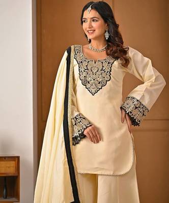 light yellow roman silk party wear embroidered sharara suit set 4