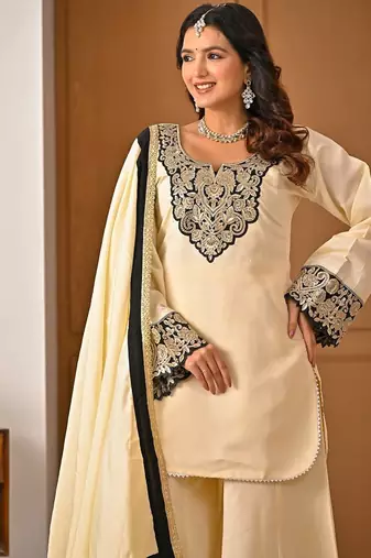 Lite yellow roman silk party wear embroidery sharara suit set
