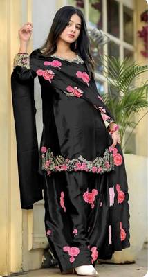 black japan satin party wear embroidered suit set 1