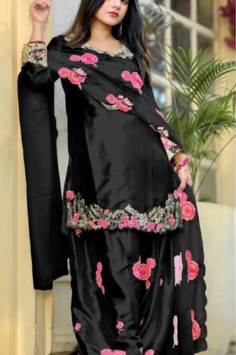 black japan satin party wear embroidered suit set