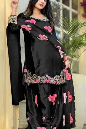 Black japan satin party wear embroidery suit set