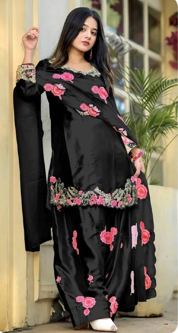 Black japan satin party wear embroidery suit set