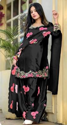 black japan satin party wear embroidered suit set 2