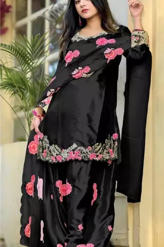 Black japan satin party wear embroidery suit set