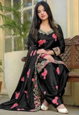 black japan satin party wear embroidered suit set 3
