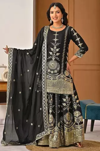 Black vichitra silk party wear embroidery sharara suit set