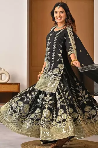 Black vichitra silk party wear embroidery sharara suit set