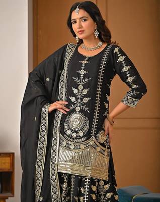 Black vichitra silk party wear embroidery sharara suit set 3