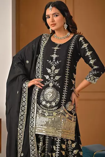 Black vichitra silk party wear embroidery sharara suit set