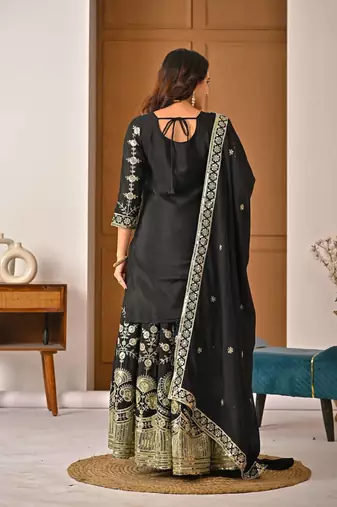 Black vichitra silk party wear embroidery sharara suit set