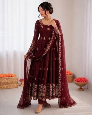 Maroon fendy silk thread with sequence anarkali suit 2