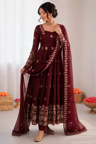 Maroon fendy silk thread with sequence anarkali suit