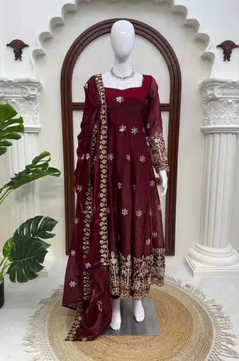 Maroon fendy silk thread with sequence anarkali suit