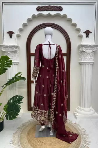 Maroon fendy silk thread with sequence anarkali suit