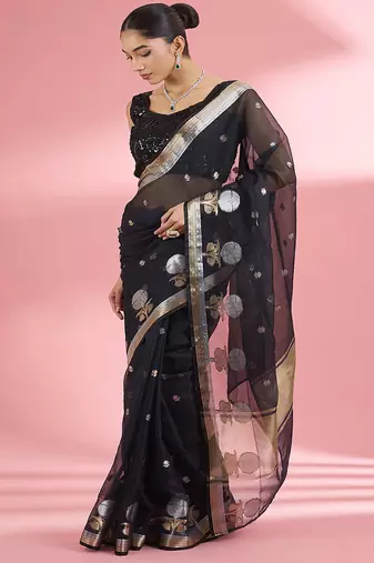 Black  premium kota doria silk saree with zari work