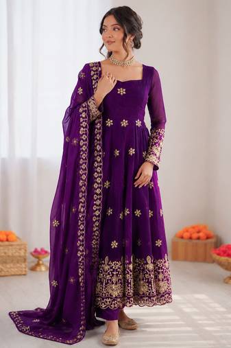 Violet fendy silk thread with sequence anarkali suit