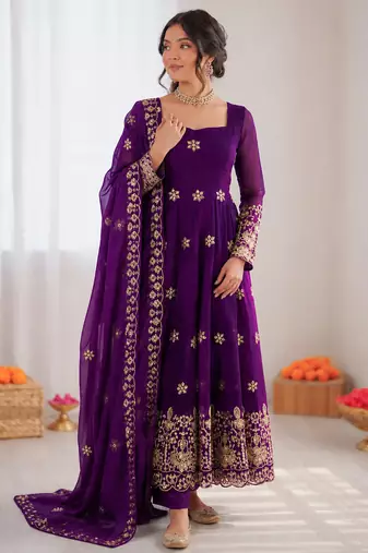 Violet fendy silk thread with sequence anarkali suit
