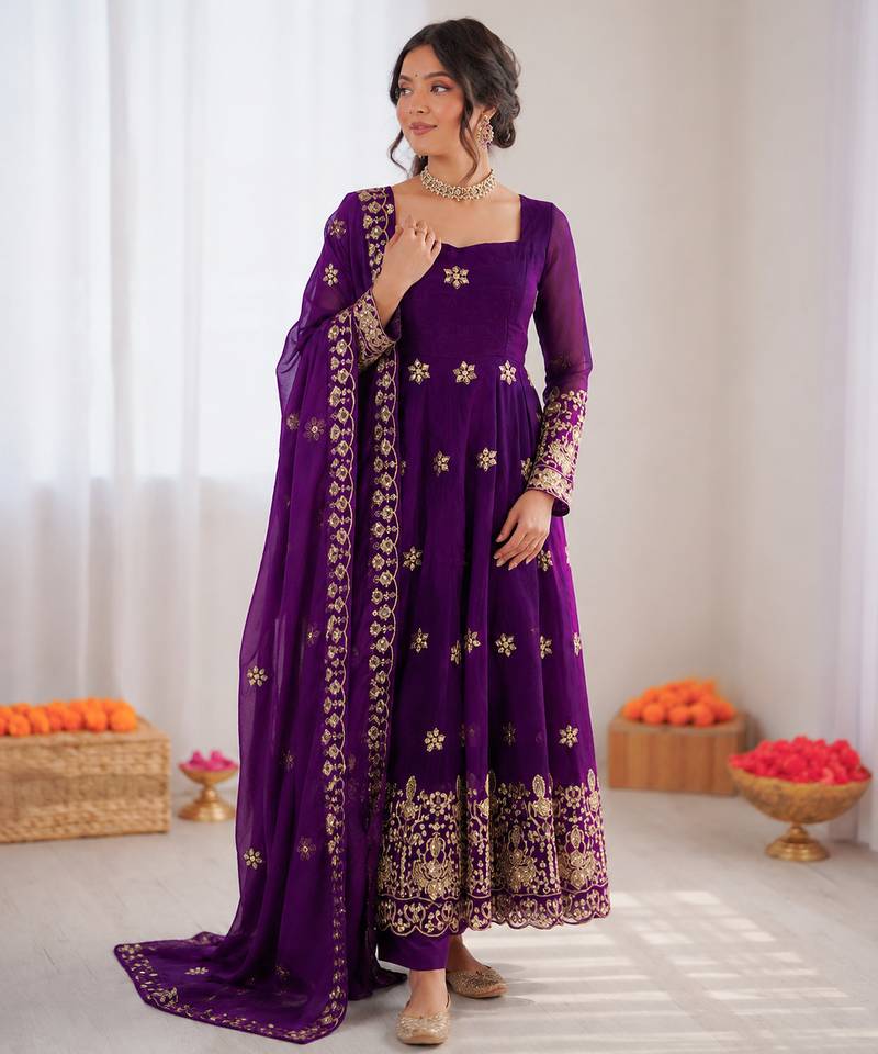 Violet fendy silk thread with sequence anarkali suit