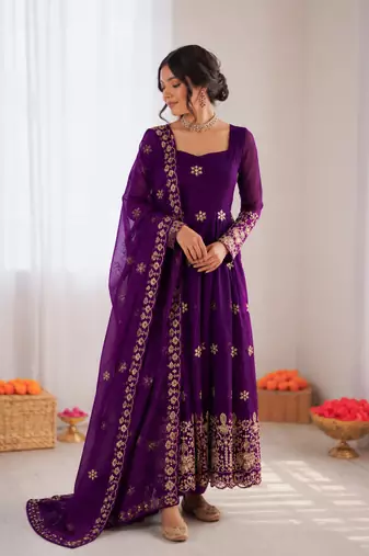 Violet fendy silk thread with sequence anarkali suit