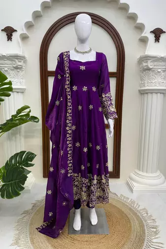 Violet fendy silk thread with sequence anarkali suit
