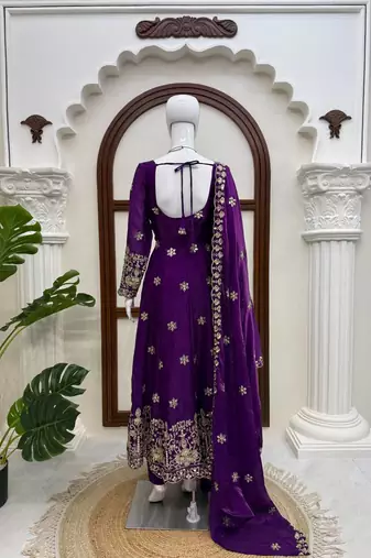 Violet fendy silk thread with sequence anarkali suit
