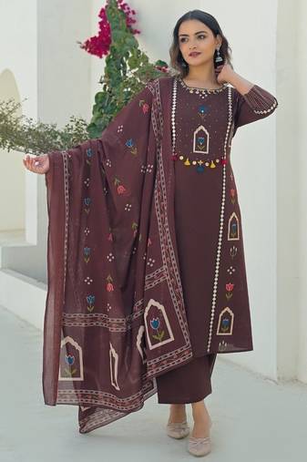 Brown printed kurta with trousers & dupatta set for women