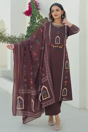 Brown printed kurta with trousers & dupatta set for women