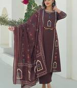 Brown printed kurta with trousers & dupatta set for women