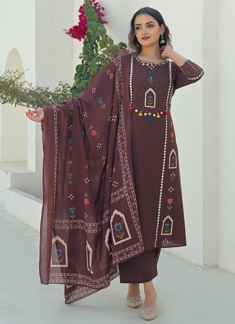 Brown printed kurta with trousers & dupatta set for women