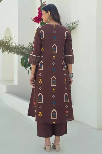 Brown printed kurta with trousers & dupatta set for women