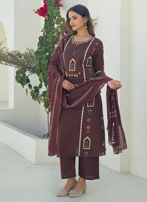Brown printed kurta with trousers & dupatta set for women 3