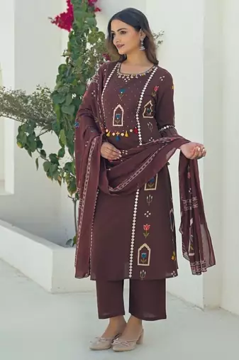 Brown printed kurta with trousers & dupatta set for women