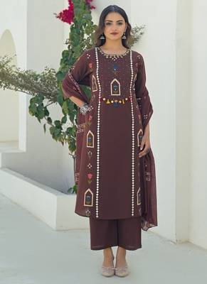Brown printed kurta with trousers & dupatta set for women 4
