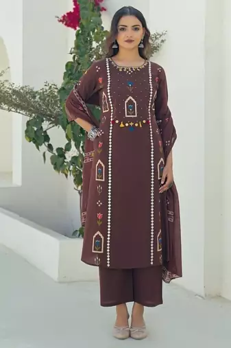 Brown printed kurta with trousers & dupatta set for women