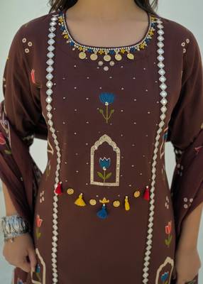 Brown printed kurta with trousers & dupatta set for women 5